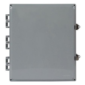 SKU V14126LO-8.5H-T | Ventev 14X12X6 Polycarb. HeatedSolid Door LatchLock Encl.W/backplate, screws, 2powerplugs,cord grip,heater. 8 Bulkhead Holes, Plugs (0.5"). Incl. T-Bar Mount.