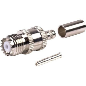 RF INDUSTRIES Mini-UHF female connector for RG58/U, RG58A/U, RG141 and Ultralink cable. Nickle plated body, silver pin. 3 piece construction, crimp style.