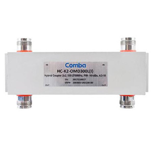 COMBA 555-2700 MHz 2x2 hybrid coupler. 300 watts. -161dBc PIM rated. IP67 rated for outdoor use. 25dB isolation. 4.3-10 female terminations