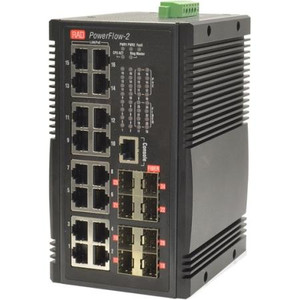 RAD PowerFlow-2 Dual inlet 48VDC, eight 100/1000Base-X SFP ports, eight 10/100/1000Base-T ports, eight 10/100/1000Base-T PoE+ (240W) ports