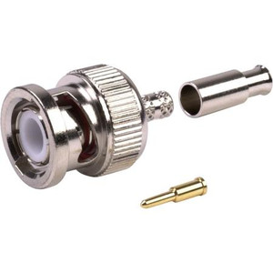RF INDUSTRIES BNC male connector for RG174, (large ferrule), nickle plated body, gold center pin, crimp on center pin, crimp on braid.
