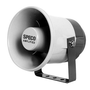 SPECO amplified 6" PA horn, 500-5000 Hz. 20 watt max. power. Weatherproof plastic construction. Minimum input 1/8 W. Requires 10-16 VDC @ 2 Amps.
