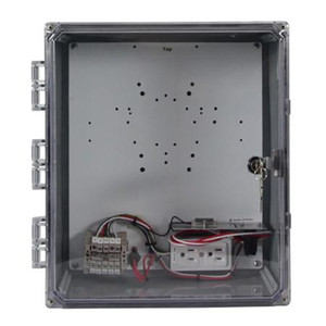 SKU V14126KC-8.625H-T | 14X12X6 Polycarbonate HeatedClear Door Key Lock Encl.W/backplate, screws, 2powe plugs,cord grip,heater.8 Bulkhead Holes w/Plugs (0.625") Incl. T-Bar Mount