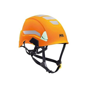 PETZL HI-VIZ high-visibility helmet. Adjustable chinstrap, unventilated, fluorescent outer shell and reflective bands. Orange.