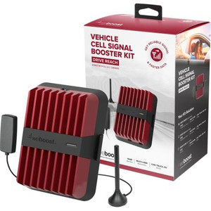 WEBOOST Drive Reach vehicle booster kit. Includes booster, 4" mini mag mount antenna, slim low-profile antenna, and power supply.