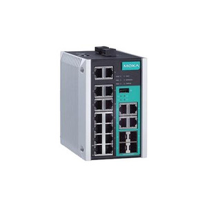 MOXA Managed Gigabit Ethernet switch with 14 10/100BaseT(X) ports, and 4 combo 10/100/1000BaseT(X) or 100/ 1000BaseSFP ports, -10 to 60C