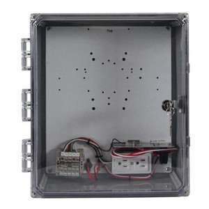 SKU V14126KC-8.5H-T | 14X12X6 Polycarbonate HeatedClear Door Key Lock Encl.W/backplate, screws, 2powerplugs,cord grip,heater.8 Bulkhead Holes w/Plugs (0.5"). Incl. T-Bar Mount.