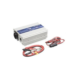 SAMLEX DC to AC power inverter. 300W continuous, 500W intermittent. Pure sine wave. Continuous fan. One AC outlet. Tubular screw down terminals.