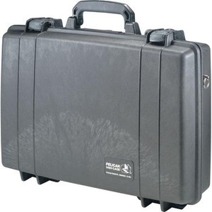 PELICAN Black 1560 watertight, crushproof, and dustproof case with blue handles. .