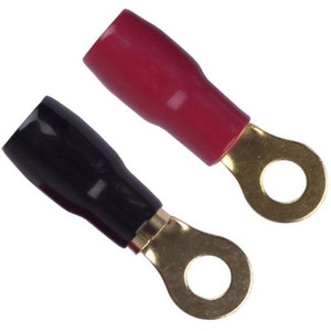 HAINES PRODUCTS 24K gold plated ring term 4ga with 5/16" stud size hole. Soft PVC insulation. Pack includes 1 red and 1 black insulated terminal.