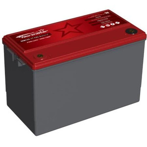 NORTHSTAR Red 12 VDC 125 Ah sealed lead acid battery with connectors and flame retardant case. Includes hardware. Top terminal.