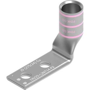 BURNDY Copper Compression Lug, Narrow Tongue 2 Holes W/ Inspection Window, 1/0 AWG, 1/4" Stud, 12 index, Pink, Tin plated, 90 Degree.