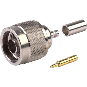 AMPHENOL N male crimp connector for RG-58 cable. Features a .100 dia. gold plated center pin and crimp ferrule. .