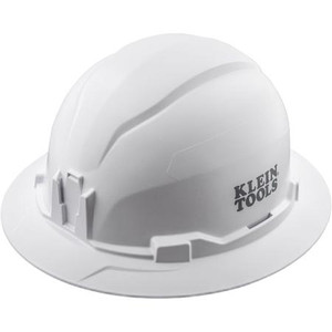 KLEIN's 60400 Non-Vented Hard Hat, Full Brim Style. Four-point suspension ANSI Z89.1-2014 and CSA Z94.1-15 specifications for Class E. COLOR: White