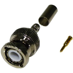 RF INDUSTRIES BNC male connector for RG142, (large ferrule), nickle plated body, gold center pin, crimp on center pin, crimp on braid.