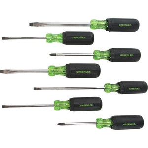 GREENLEE 7 pc.screwdriver set features handle markings for easy tool ID and black phosphate tips to prevent plate chipping.