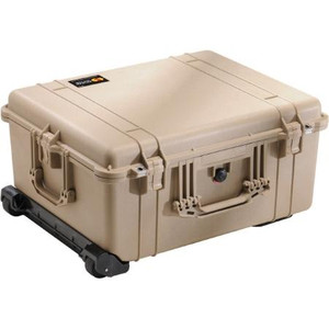 PELICAN wheeled equipment cases. Water & airtight to 30' w/neoprene o-ring seal. Fold down & retractable handle. I.D.: 22-3/16"L x 17-1/8"W x10-9/16"D.TAN