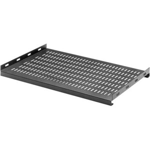 BUD INDUSTRIES ventilated, stationary shelf for 19" panel width cabinet. Requires cabinet racks to have 2 pairs of mtg. rails. 14.25"D shelf. Black.