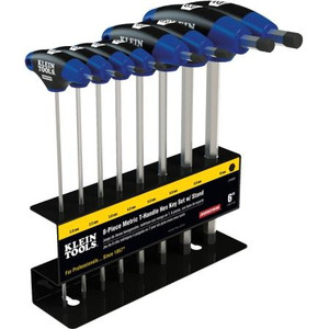 KLEIN 8 piece 6" handle Metric hex key set with T-Handles and stand. Includes sizes 2 mm, 2.5 mm, 3 mm, 4 mm, 5 mm, 6 mm, 8 mm, and 10 mm.
