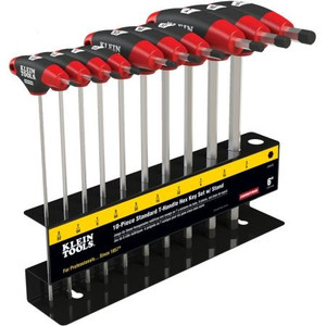 KLEIN 10 piece 6" handle SAE hex key set with T-Handles and stand. Includes sizes 3/32", 7/64", 1/8", 9/64", 5/32", 3/16", 7/32", 1/4", 5/16", 3/8".