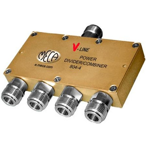 MECA 800-1000 MHz four-way power divider. 20 watts. 1.10 typical VSWR. 30 dB min. isolation between ports. N-female connectors.