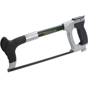 GREENLEE Heavy duty hacksaw with adjustable blade tension up to 30,000 psi. Blade is bi-metal with 12"/24 TPI. Extra blade stored in tubular frame.