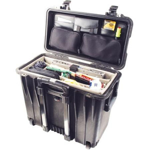 PELICAN 1447 Top Loader Case with padded office divider set and lid organizer. Fold down & retractable handle. I.D.: 17.1" x 7.5" x 16" BLACK