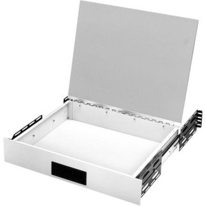 BUD INDUSTRIES desk top drawer. 3.5" panel height. Hinged top has plastic laminate bonded to aluminum. Requires 2 pairs of panel mounting rails, Black.