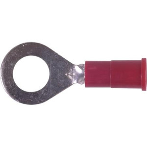 3M vinyl insulated ring terminal with butted seam. For 22-18 gage wire size and 1/4" stud or screw size. 100 per bag.