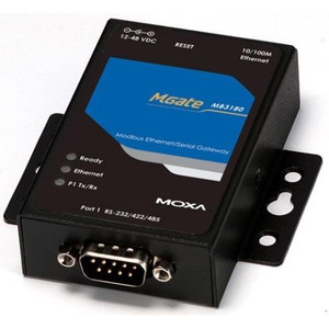 MOXA 1 port RS-232/422/485 standard Modbus TCP to serial communication gateway. Up to 62 serial slave node management. 12-48VDC input voltage.