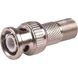 RF INDUSTRIES BNC male to F female adapter. Nickle plated body, gold plated contacts.