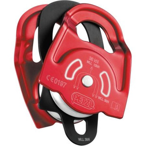 PETZL "Twin", Highly efficient swing- sided pulley. 2" tread diameter sheave for rope up to 1/2". Sealed ball bearings. 2 Sheaves work load 2640 lbs