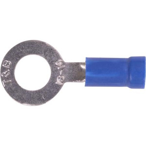 Thomas and Betts vinyl insulated ring terminal with butted seam. For 16-14 gauge wire size and 1/4" stud or screw size. 100 perpack