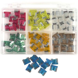 HAINES PRODUCTS Mini ATM low profile fuse kit. Contains 10 each of 5, 7.5, 10 15, 20, 25, & 30 Amp low profile fuses. In plastic case.