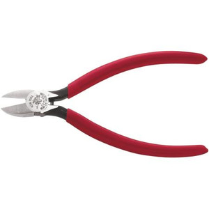 KLEIN Standard Diagonal-Cutting Pliers Semi-Flush Cutting. Trims plastic or printed circuit boards. Spring-loaded OAL 6-1/8", plastic dipped red handles.