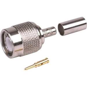 RF INDUSTRIES TNC male connector for RG142/U & RG55/U. Nickle plated body, gold pin. Crimp center pin, crimp on braid. Delrin Dialectric.