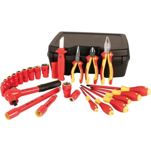 WIHA 24 piece insulated combo set incl. 11 ins. sockets, 2 extensions, ratchet, pliers, cutter, screwdrivers, knife, and molded storage box.