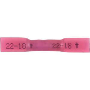 3M 22-18ga heat shrink butt conn. Adhesive lined shrink insulation resists water,salt,corrosion; provides add'l strain relief. Red. 25/pack.