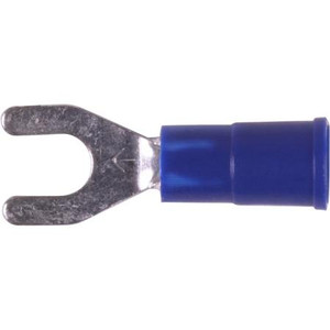 3M vinyl inssulated block spade crimp lug for wire sizes 16-14 ga. and #8 size stud or screw. Butted seam. 600-1000V. 100 per box.