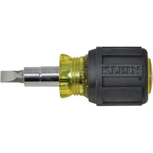 KLEIN, 6 in 1 Stubby screwdriver, 1-1/4" shaft. Rubber handle. slotted 3/16 & 1/4 #1 & #2 Phillips, 1/4" & 5/16" Nut driver . Compact design