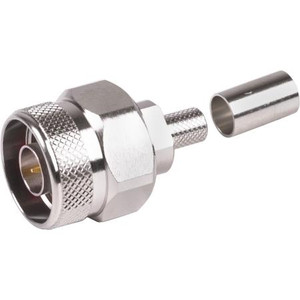RFI Hex/Knurl Combo N male for RG8X/240 Captivated center pin, crimp ferule. Silver plated body, gold center pin.