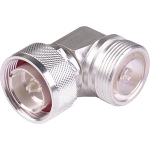 RF INDUSTRIES 7/16 DIN male to 7/16 DIN female right angle adapter. Silver plating, non-magnetic. VSWR: 1.10:1 up to 5,500 MHz. Low Pim <lt/>-150dBc.