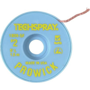Tech Spray Pro Wick Solder Wick 100% Flux coated copper wick cleans connectns Anti-static bobbin. Size 2; .060"W x 5'L; Yellow