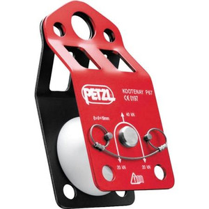 PETZL Kootenay pulley. Voluminus rope channel allows for passage of knots. Locking pins allow for use as anchor.