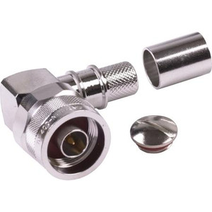 TIMES N male right angle connector for LMR400 coaxial cable. Solder center pin, .429 Hex/knurl crimp on ferrule. Silver plated body, gold center pin. Hex head.
