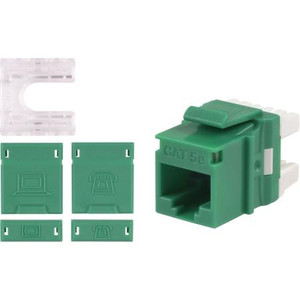 SIGNAMAX MT-Series Category 5e Keystone Jack. Universal wiring T568A/B. Color is Green. Exceeds TIA/EIA-568-C.2 specs. With 2 dust covers & 2 ID tabs