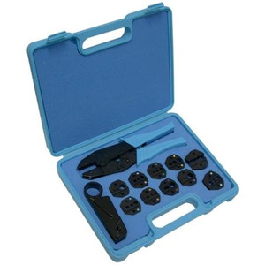 RF INDUSTRIES crimping tool kit. Include crimp handle & 10 sets of dies. Phillip screwdriver is all you need to change dies. Crimps hex .042 to .429"