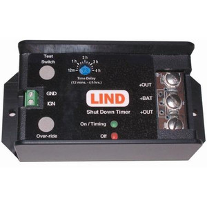 LIND Shut down timer with non-fused screw terminal connections. Delay can be set from 5 seconds to 4 hours. Includes emergency override button.