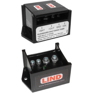 LIND Rugged Shutdown Timer/Relay Driver features 2 hour delay, 12 VDC input, and can be used with loads up to 20A. Automatic low voltage shut off.