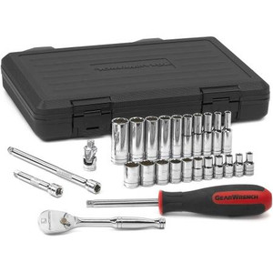GEARWRENCH 26 pc 1/4" Drive SAE Socket Set includes (11) Standard 12 point sockets (10) Deep 12 point deep sockets and (5) Drive Tools.